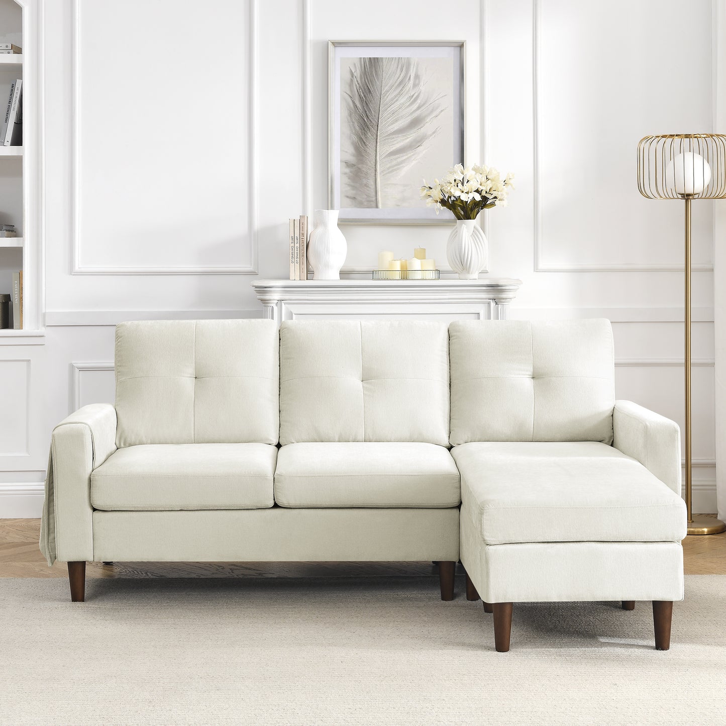 80' Convertible Sectional Sofa Couch; 3 Seats L-shape Sofa with Removable Cushions and Pocket; Rubber Wood Legs