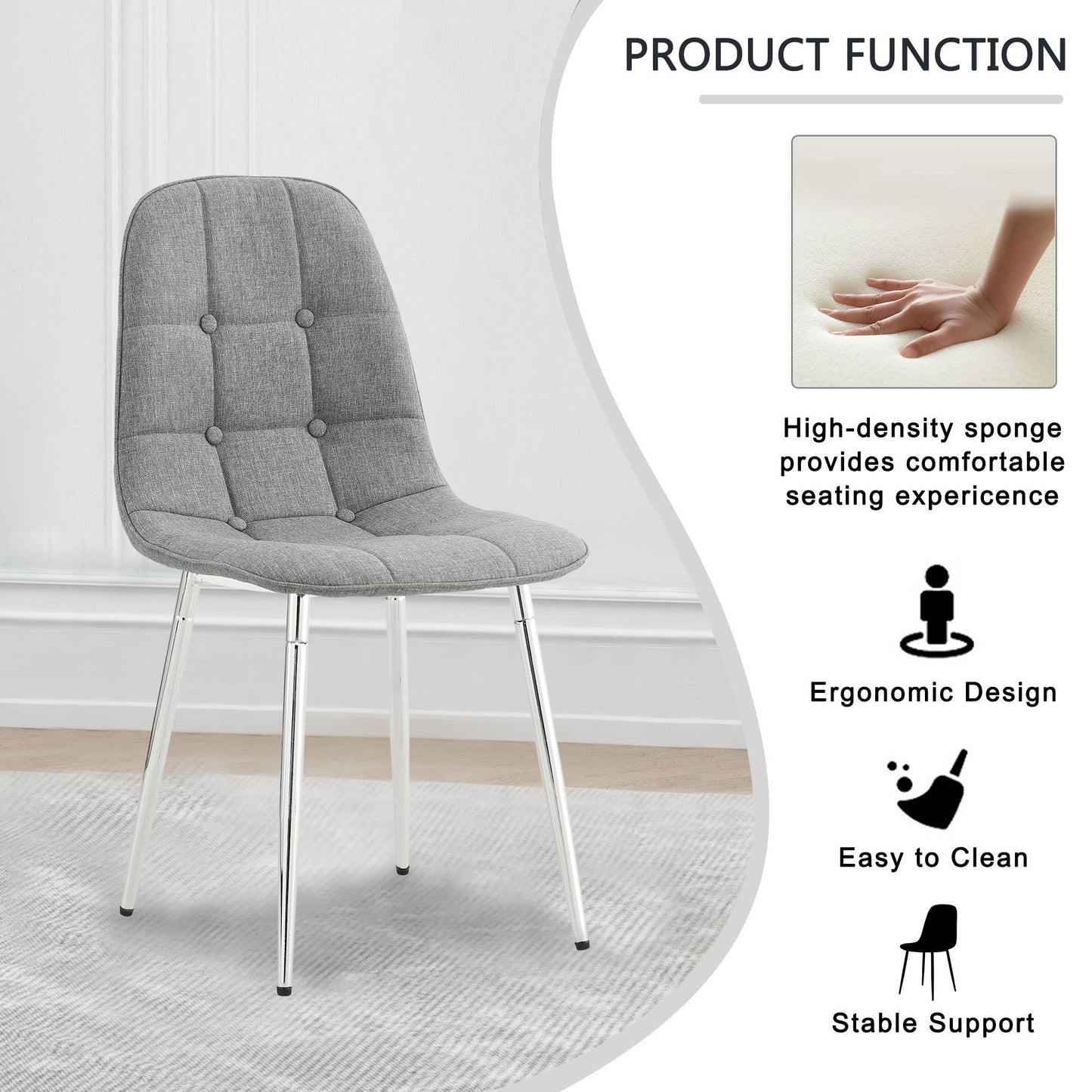 Dining Chairs Set of 4; Modern Mid-Century Style Dining Kitchen Room Upholstered Side Chairs; Soft Tufted Linen Fabric with Inset Buttons; Chrome Metal Legs; for Kitchen Lounge Farmhouse; Light Gray