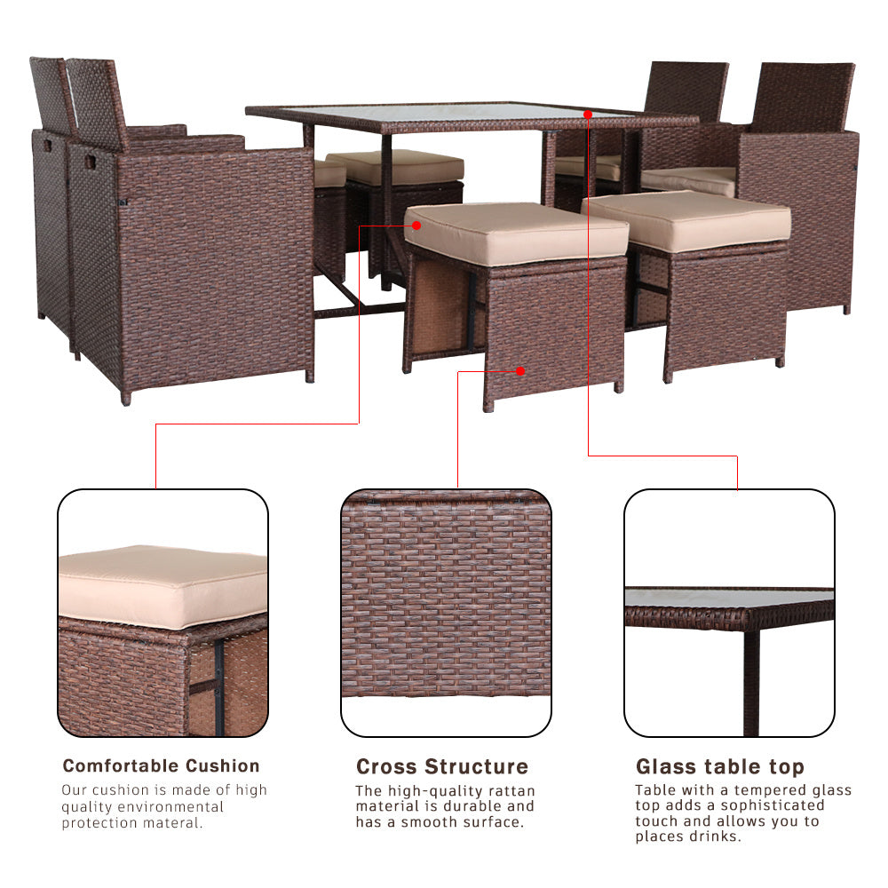 9 Pieces Wood Grain PE Wicker Rattan Dining Ottoman with Tempered Glass Table Patio Furniture Set YJ
