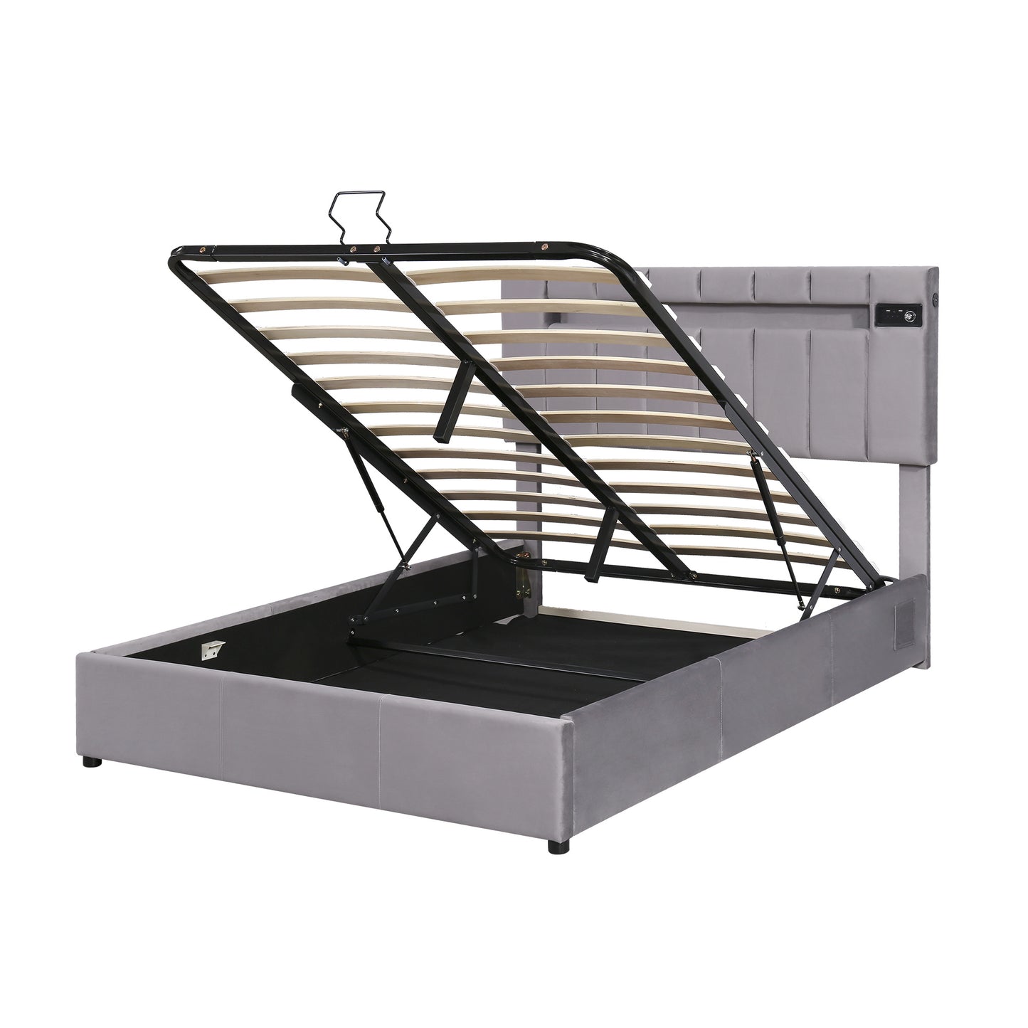 Upholstered Bed Full Size with LED light; Bluetooth Player and USB Charging; Hydraulic Storage Bed in Velvet Fabric