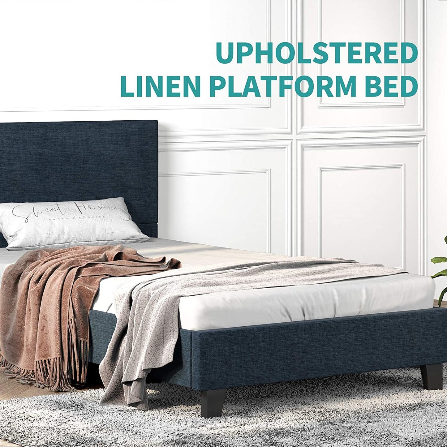 mecor Upholstered Linen Platform Bed Frame | Queen Bed Frame with Fabric Headboard / Strong Wood Slats Support / Easy Assembly - Queen Size in Blue Cloth--YS