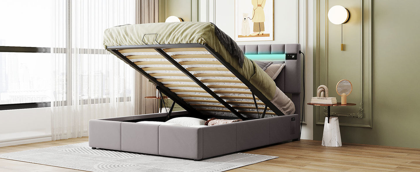 Upholstered Bed Full Size with LED light; Bluetooth Player and USB Charging; Hydraulic Storage Bed in Velvet Fabric