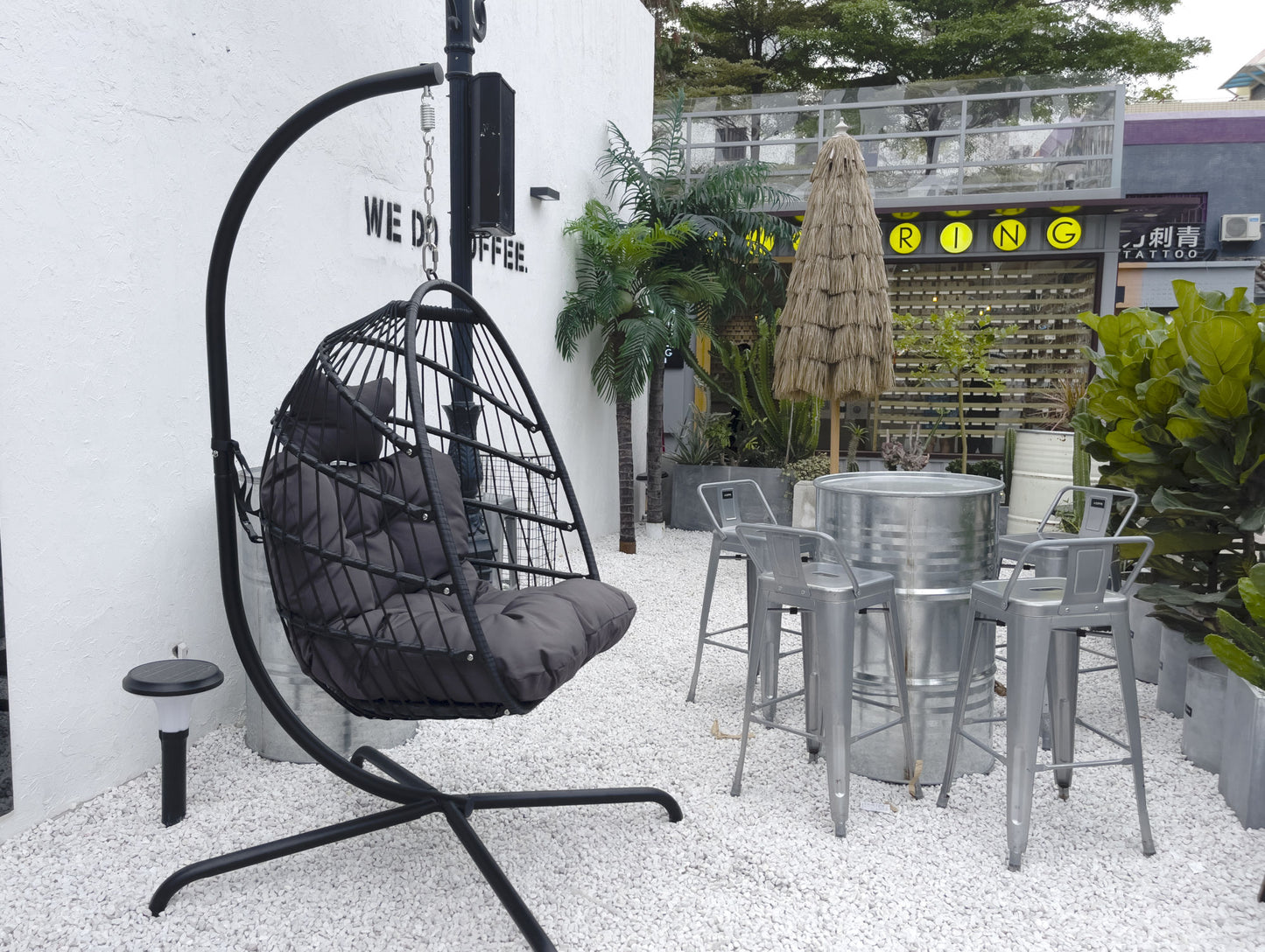 Swing Egg Chair with Stand Indoor Outdoor Wicker Rattan Patio Basket Hanging Chair with C Type bracket , with cushion and pillow Banned from selling on Amazon.(Black New arrivals within 10 days)