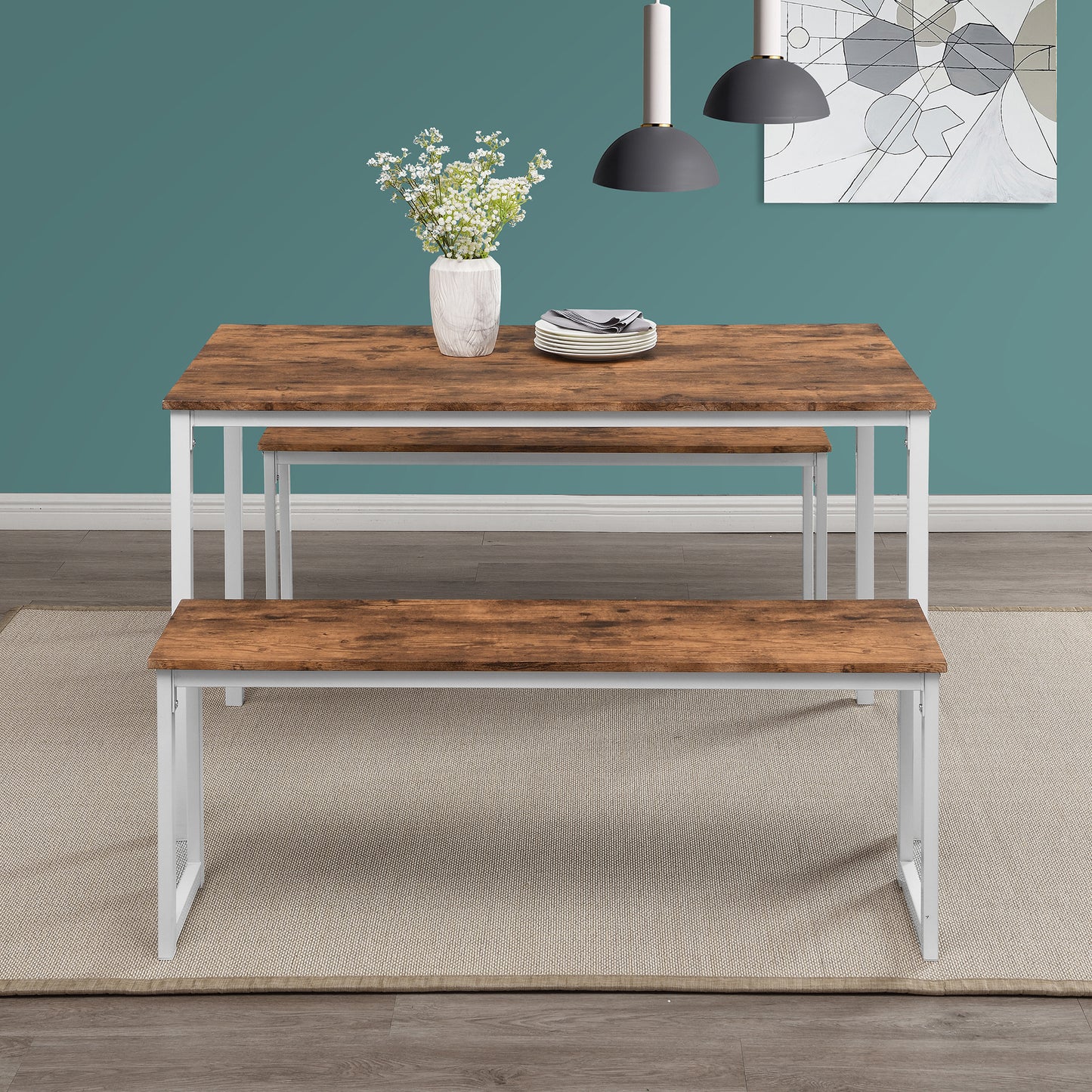 3 Piece Dining Set; Kitchen Table with Benches