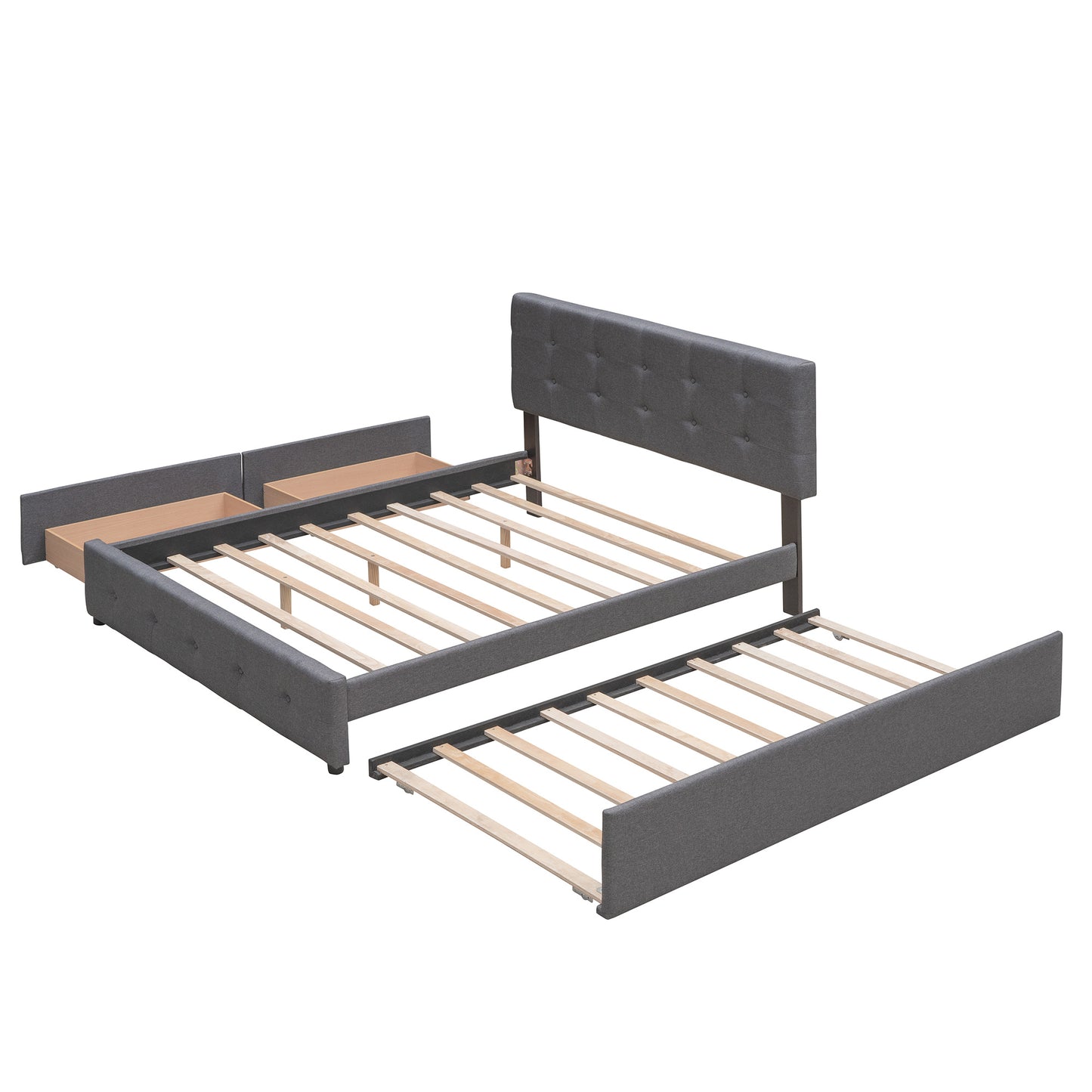 Upholstered Platform Bed with 2 Drawers and 1 Twin XL Trundle; Linen Fabric; Queen Size