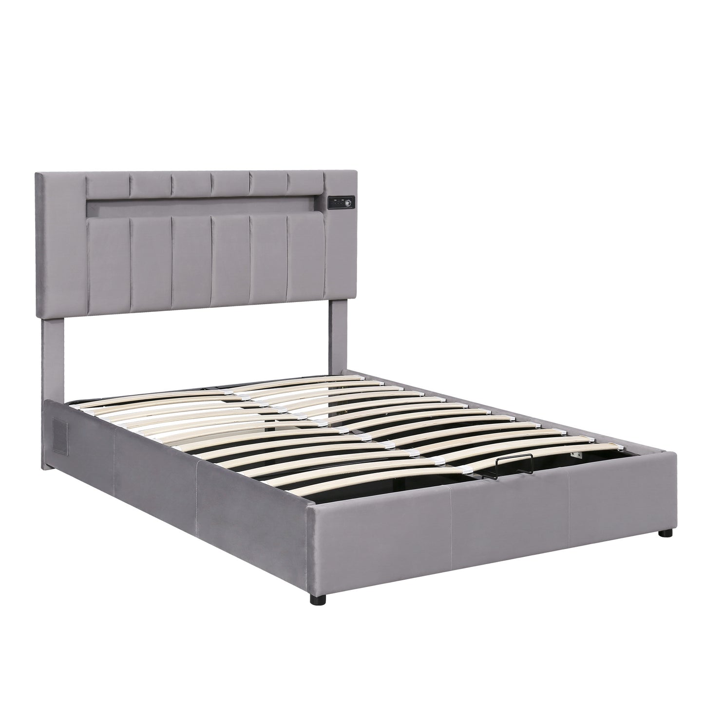 Upholstered Bed Full Size with LED light; Bluetooth Player and USB Charging; Hydraulic Storage Bed in Velvet Fabric
