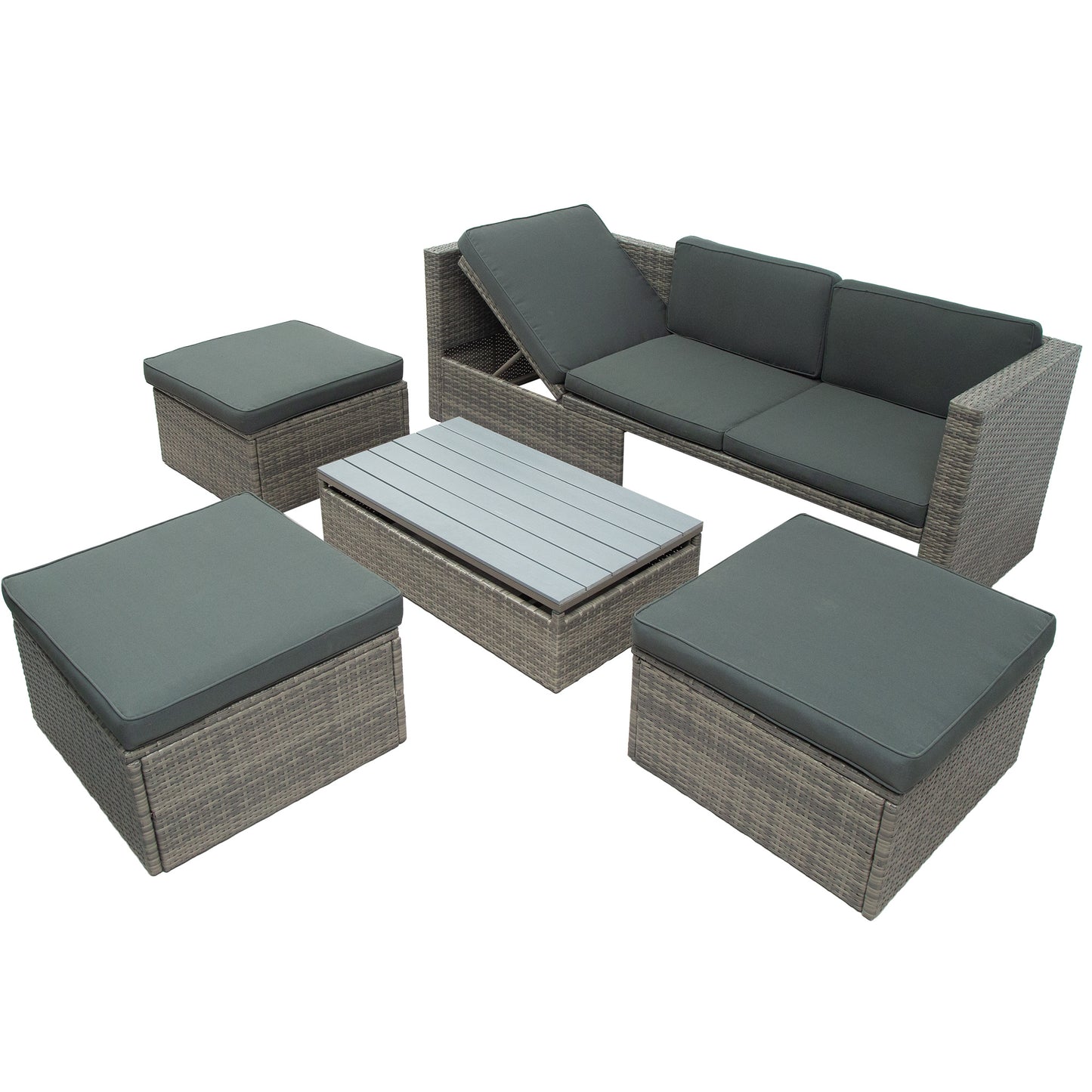 Patio Furniture Sets; 5-Piece Patio Wicker Sofa with Adustable Backrest; Cushions; Ottomans and Lift Top Coffee Table