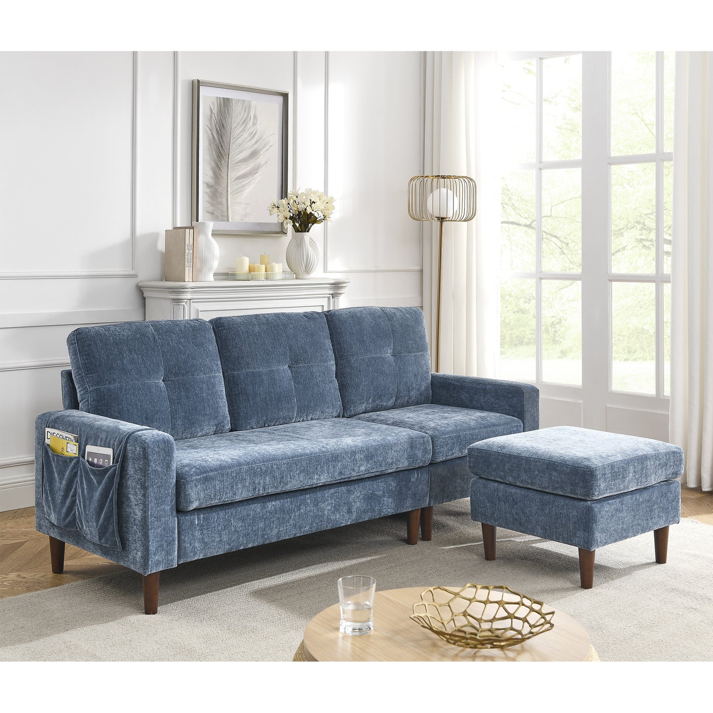 80' Convertible Sectional Sofa Couch; 3 Seats L-shape Sofa with Removable Cushions and Pocket; Rubber Wood Legs