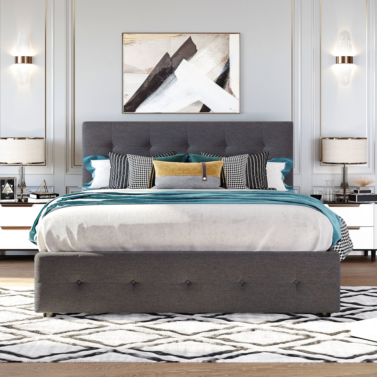 Upholstered Platform Bed with 2 Drawers and 1 Twin XL Trundle; Linen Fabric; Queen Size