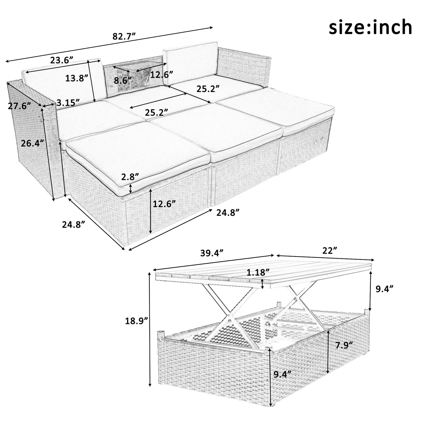 Patio Furniture Sets; 5-Piece Patio Wicker Sofa with Adustable Backrest; Cushions; Ottomans and Lift Top Coffee Table