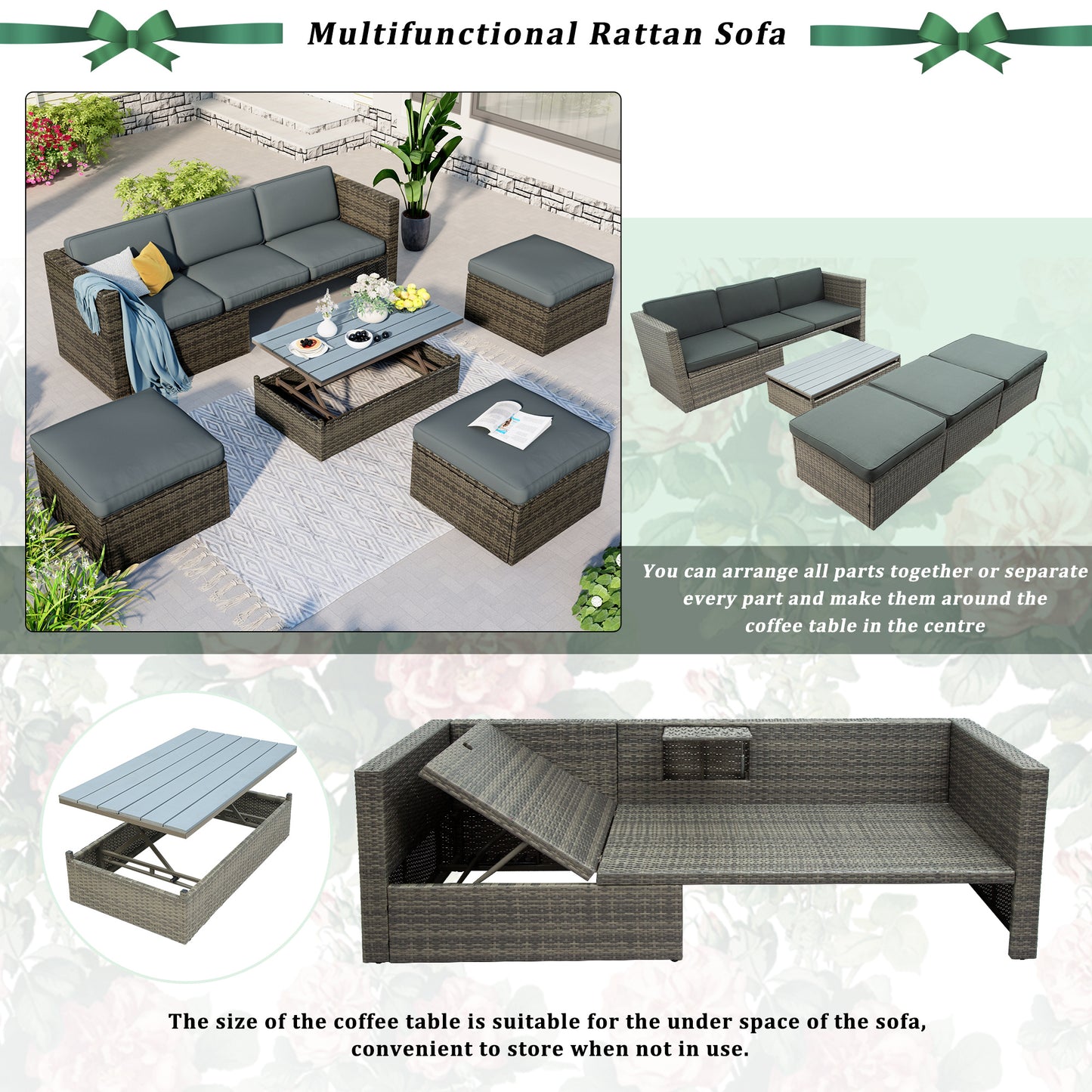 Patio Furniture Sets; 5-Piece Patio Wicker Sofa with Adustable Backrest; Cushions; Ottomans and Lift Top Coffee Table