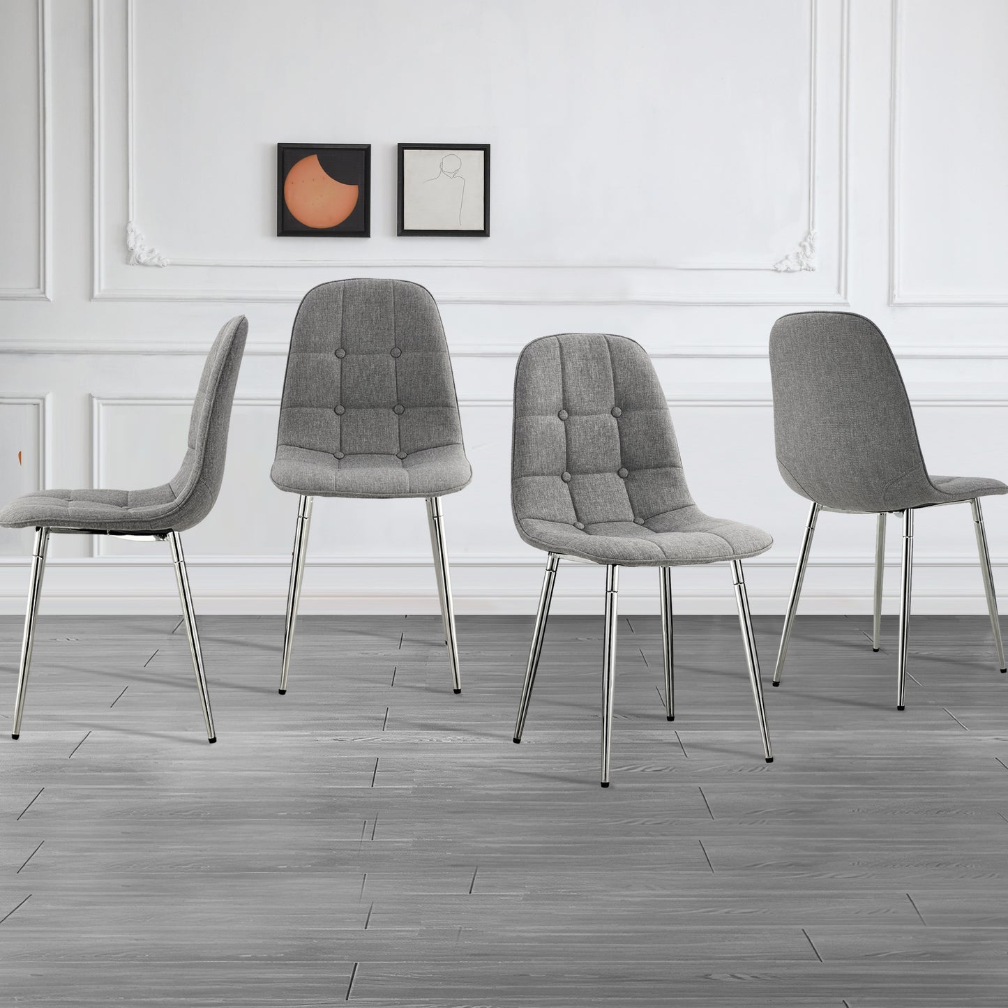 Dining Chairs Set of 4; Modern Mid-Century Style Dining Kitchen Room Upholstered Side Chairs; Soft Tufted Linen Fabric with Inset Buttons; Chrome Metal Legs; for Kitchen Lounge Farmhouse; Light Gray