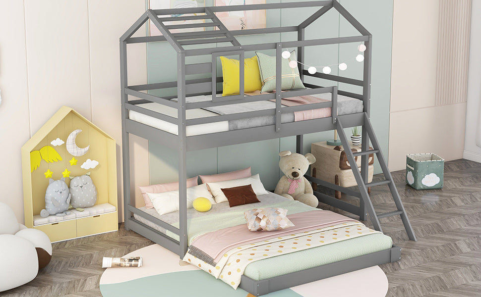 Twin over Full House Bunk Bed with Ladder and Window,Full-Length Guardrail