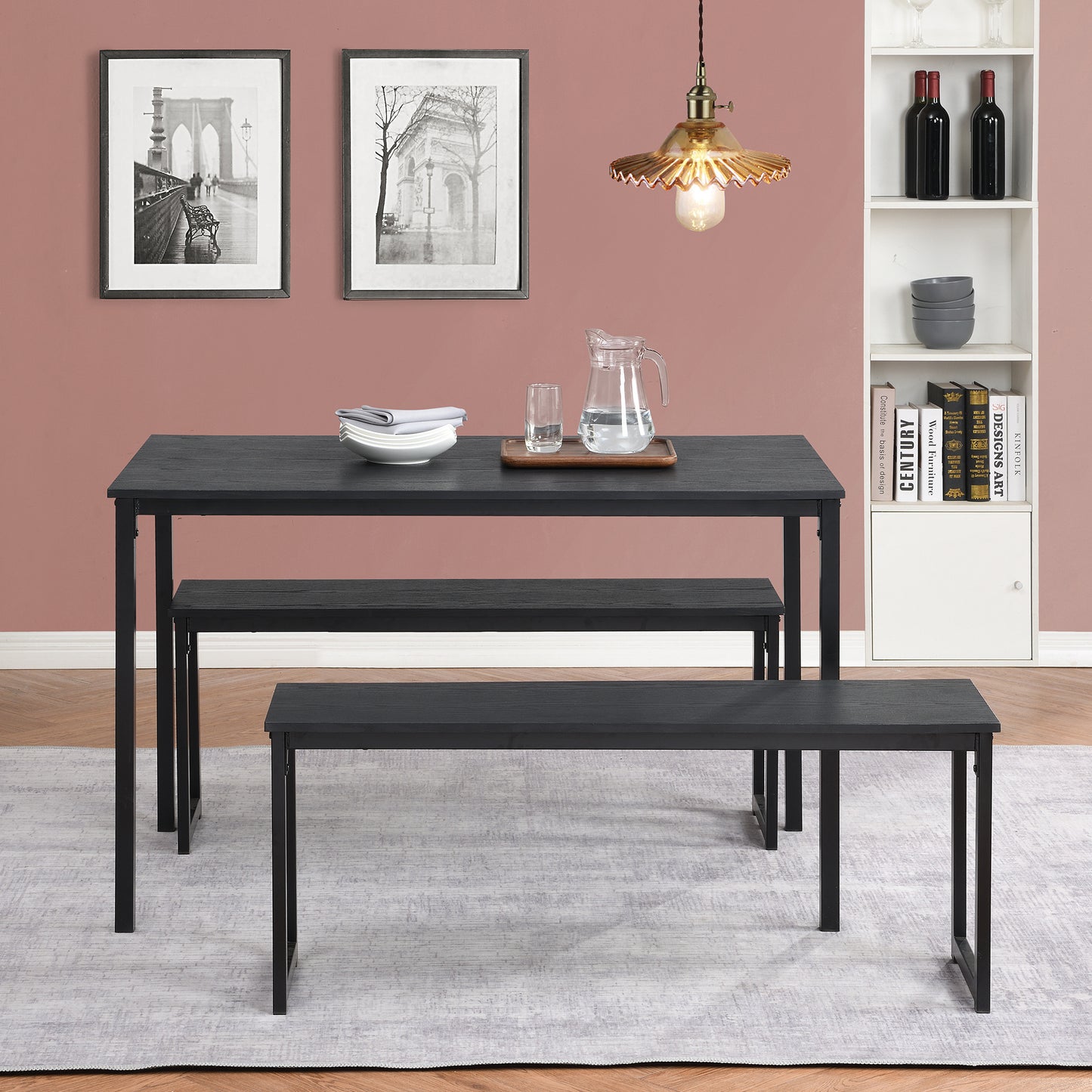 3 Piece Dining Set; Kitchen Table with Benches