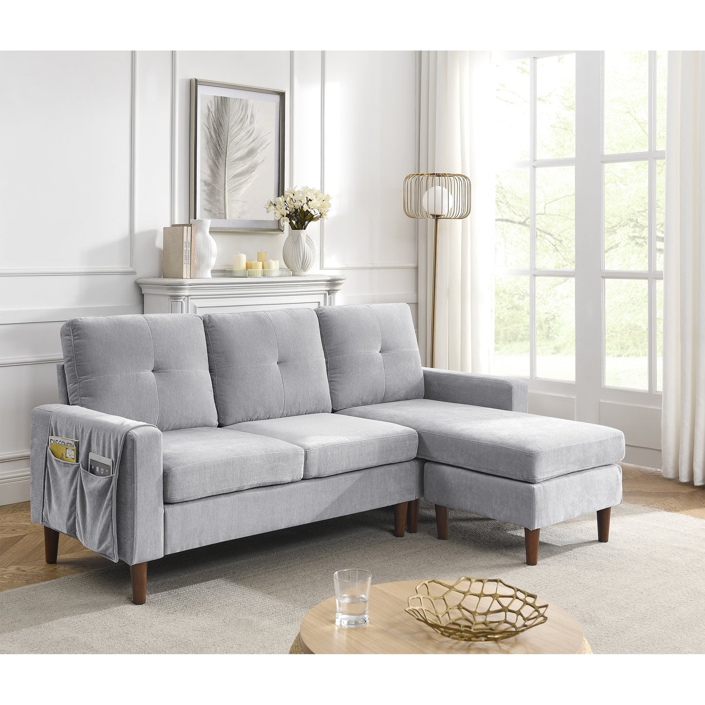 80' Convertible Sectional Sofa Couch; 3 Seats L-shape Sofa with Removable Cushions and Pocket; Rubber Wood Legs