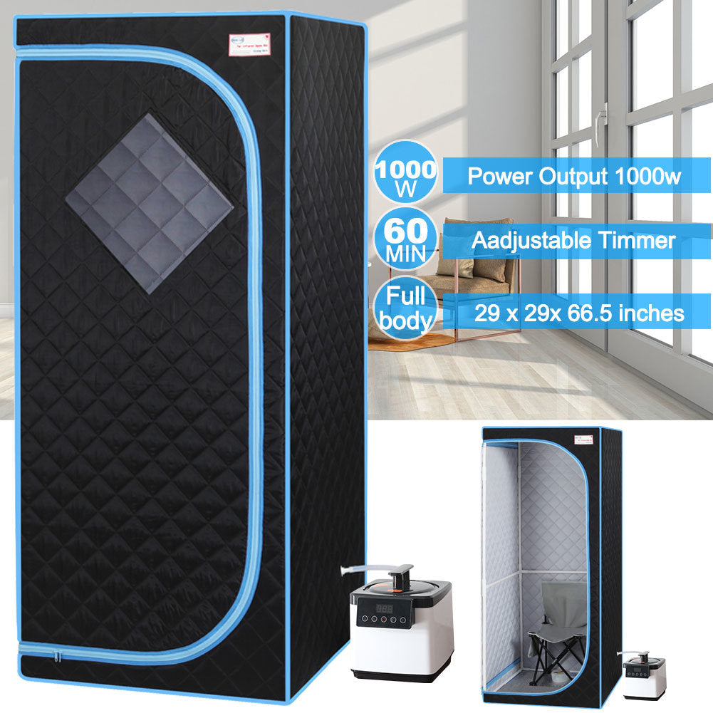 Full Size Portable Black Steam Sauna tent–Personal Home Spa; with Steam Generator; Remote Control; Foldable Chair; Timer and PVC Pipe Connector Easy to Install.Fast heating