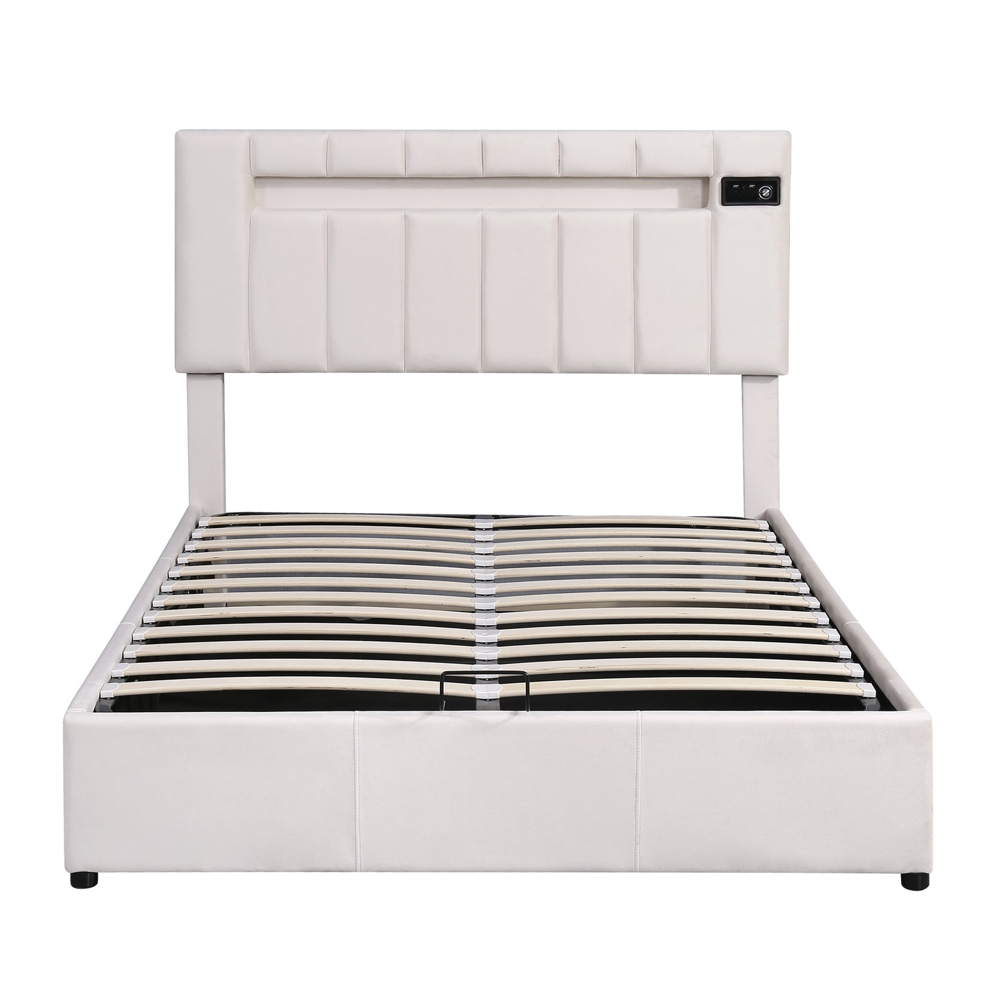 Upholstered Bed Full Size with LED light; Bluetooth Player and USB Charging; Hydraulic Storage Bed in Velvet Fabric