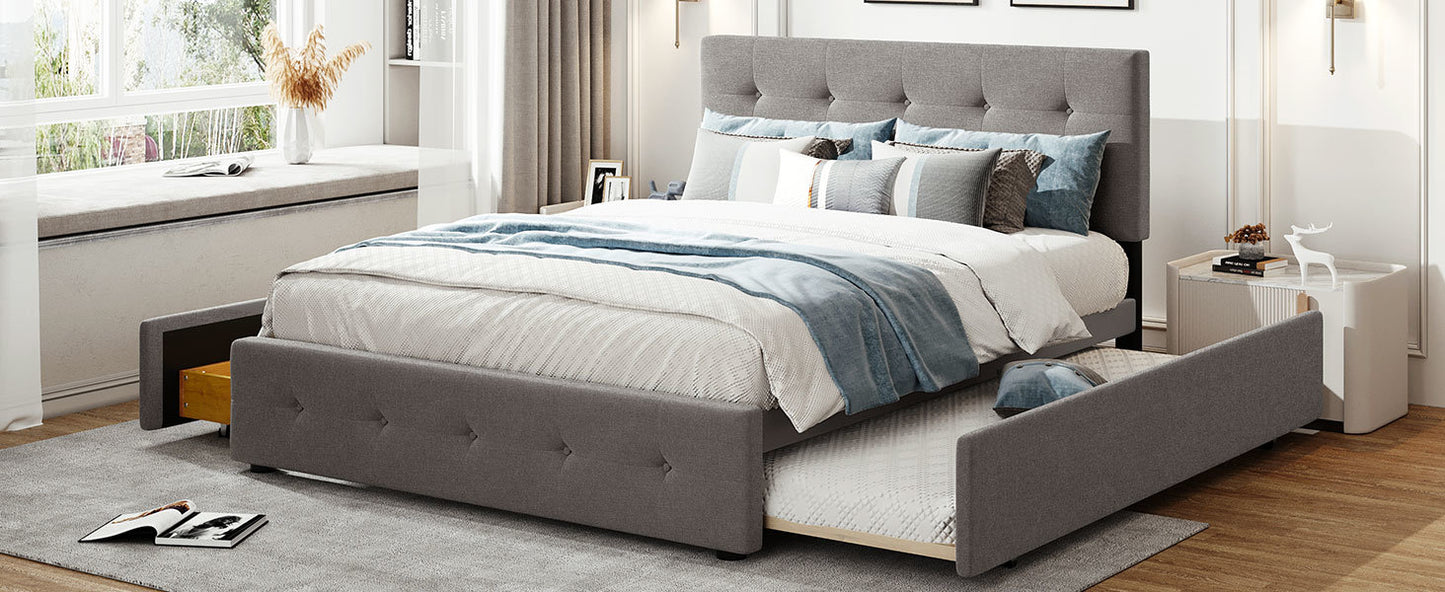 Upholstered Platform Bed with 2 Drawers and 1 Twin XL Trundle; Linen Fabric; Queen Size