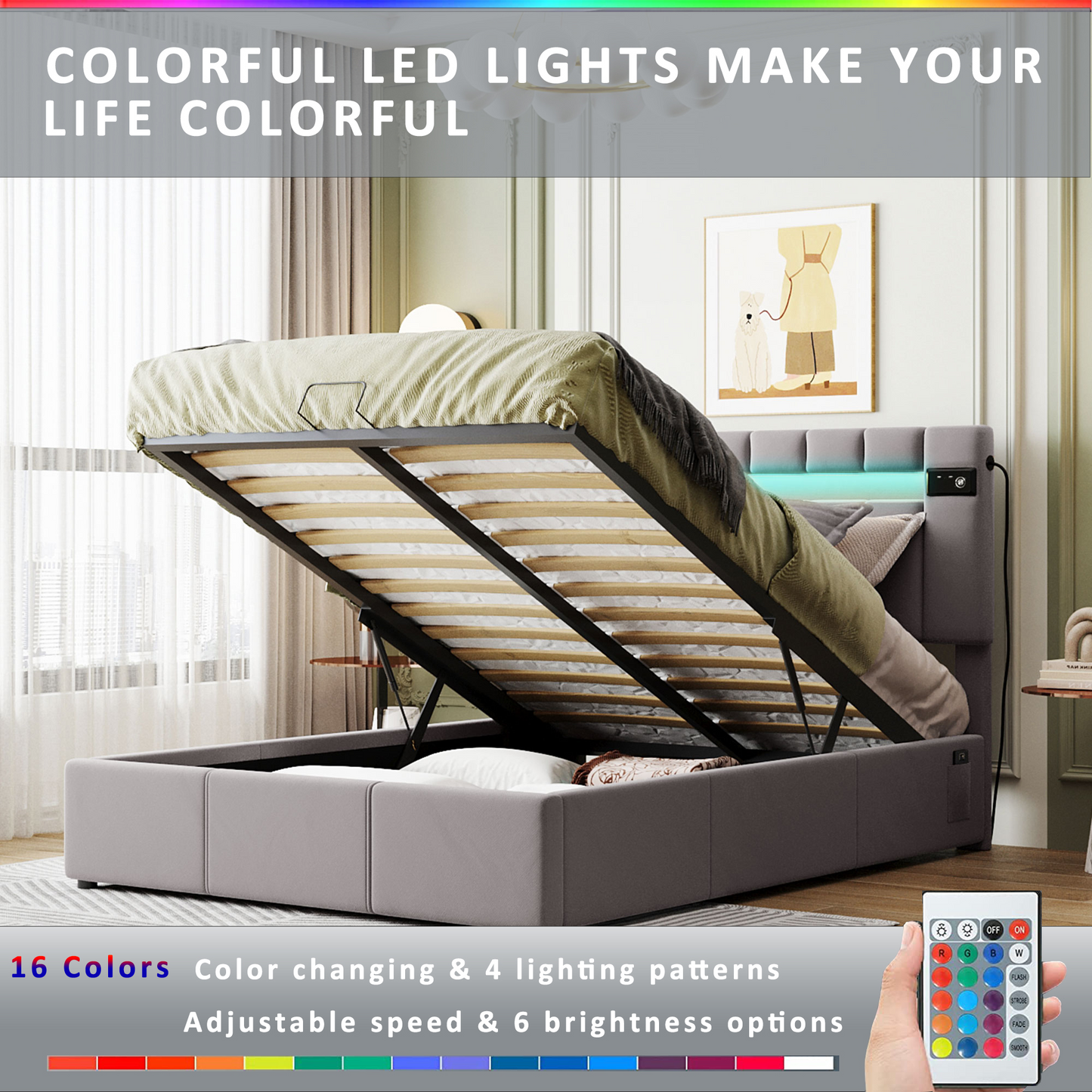 Upholstered Bed Full Size with LED light; Bluetooth Player and USB Charging; Hydraulic Storage Bed in Velvet Fabric