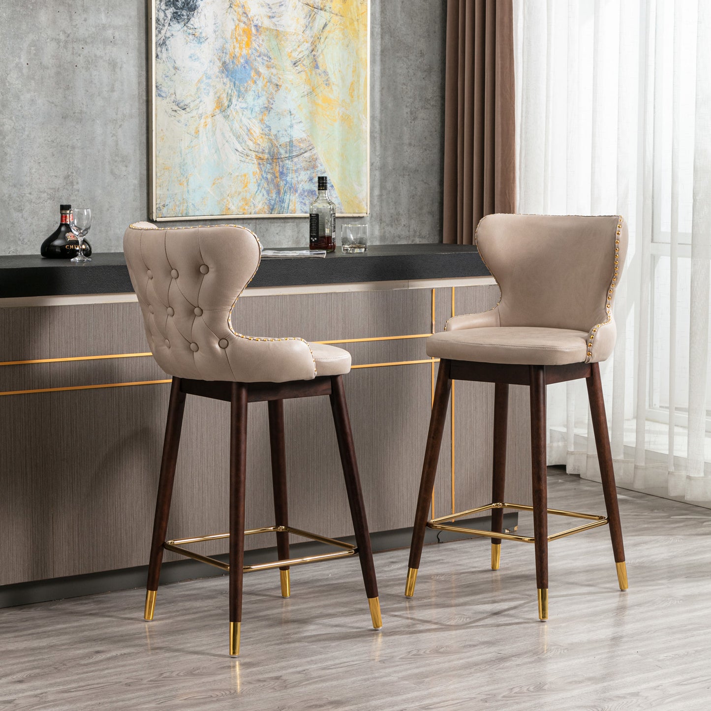 Furniture,29.9\\\\\\\" Modern Leathaire Fabric bar chairs, Tufted Gold Nailhead Trim Gold Decoration Bar stools,Set of 2