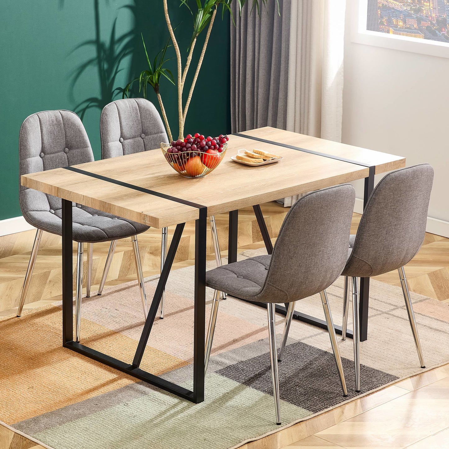 Dining Chairs Set of 4; Modern Mid-Century Style Dining Kitchen Room Upholstered Side Chairs; Soft Tufted Linen Fabric with Inset Buttons; Chrome Metal Legs; for Kitchen Lounge Farmhouse; Light Gray