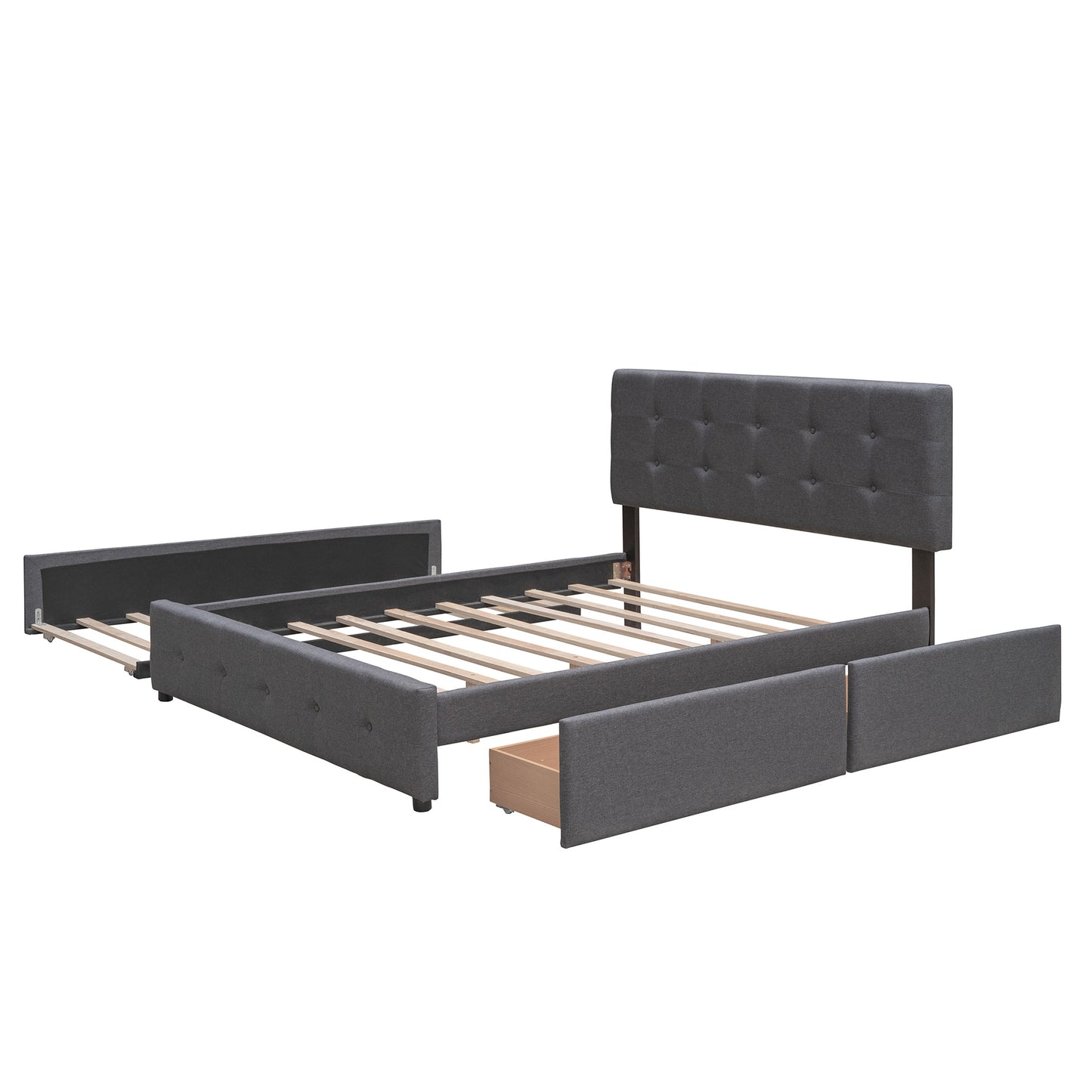 Upholstered Platform Bed with 2 Drawers and 1 Twin XL Trundle; Linen Fabric; Queen Size