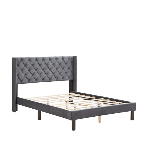 Linen Button Tufted-Upholstered Bed with Curve Design - Strong Wood Slat Support - Easy Assembly - Gray, Queen AL