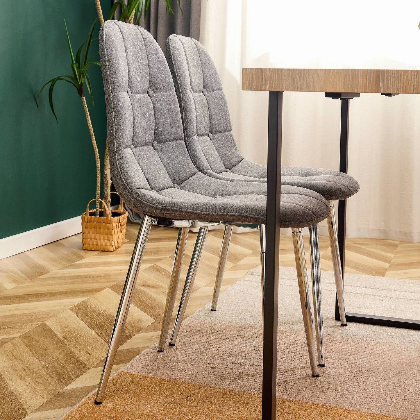 Dining Chairs Set of 4; Modern Mid-Century Style Dining Kitchen Room Upholstered Side Chairs; Soft Tufted Linen Fabric with Inset Buttons; Chrome Metal Legs; for Kitchen Lounge Farmhouse; Light Gray