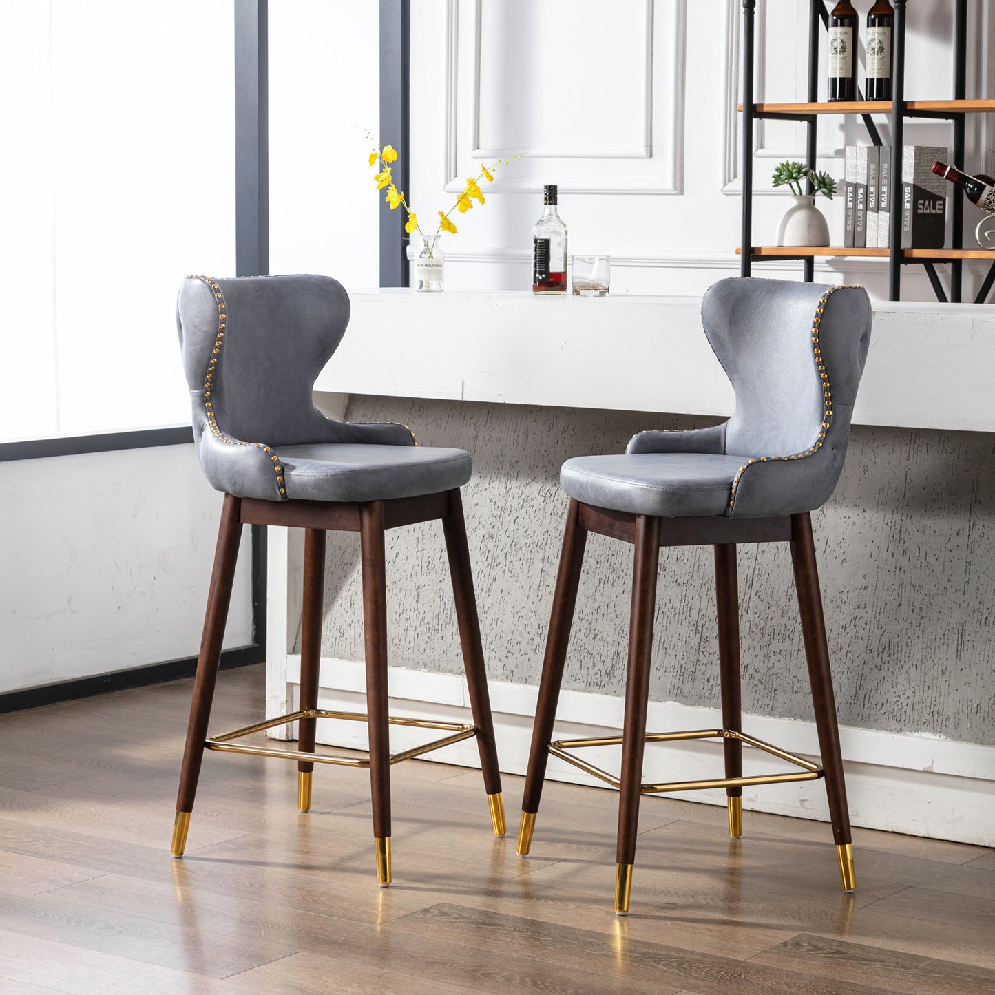 Furniture,29.9\\\\\\\" Modern Leathaire Fabric bar chairs, Tufted Gold Nailhead Trim Gold Decoration Bar stools,Set of 2