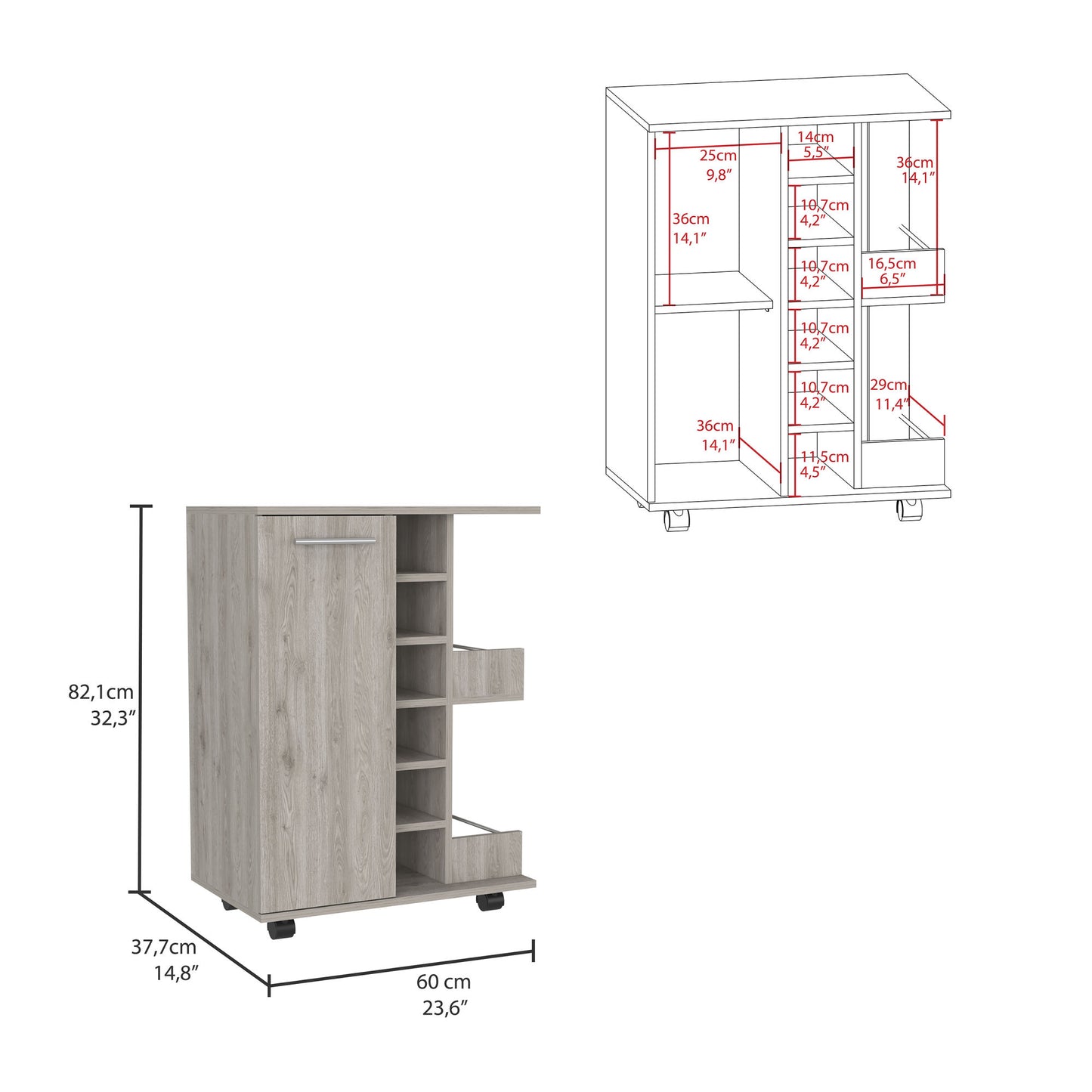 Bar Cart; Two External Shelves; Four Casters; Six Built-in Wine Rack; Single Door Cabinet -Light Gray