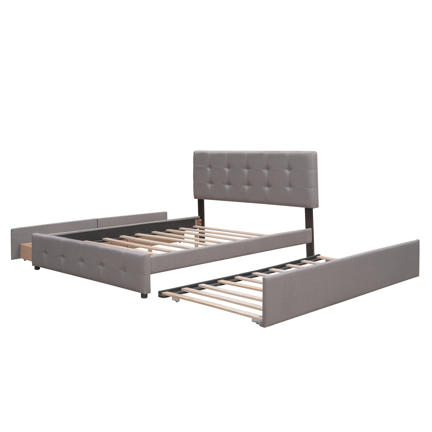 Upholstered Platform Bed with 2 Drawers and 1 Twin XL Trundle; Linen Fabric; Queen Size