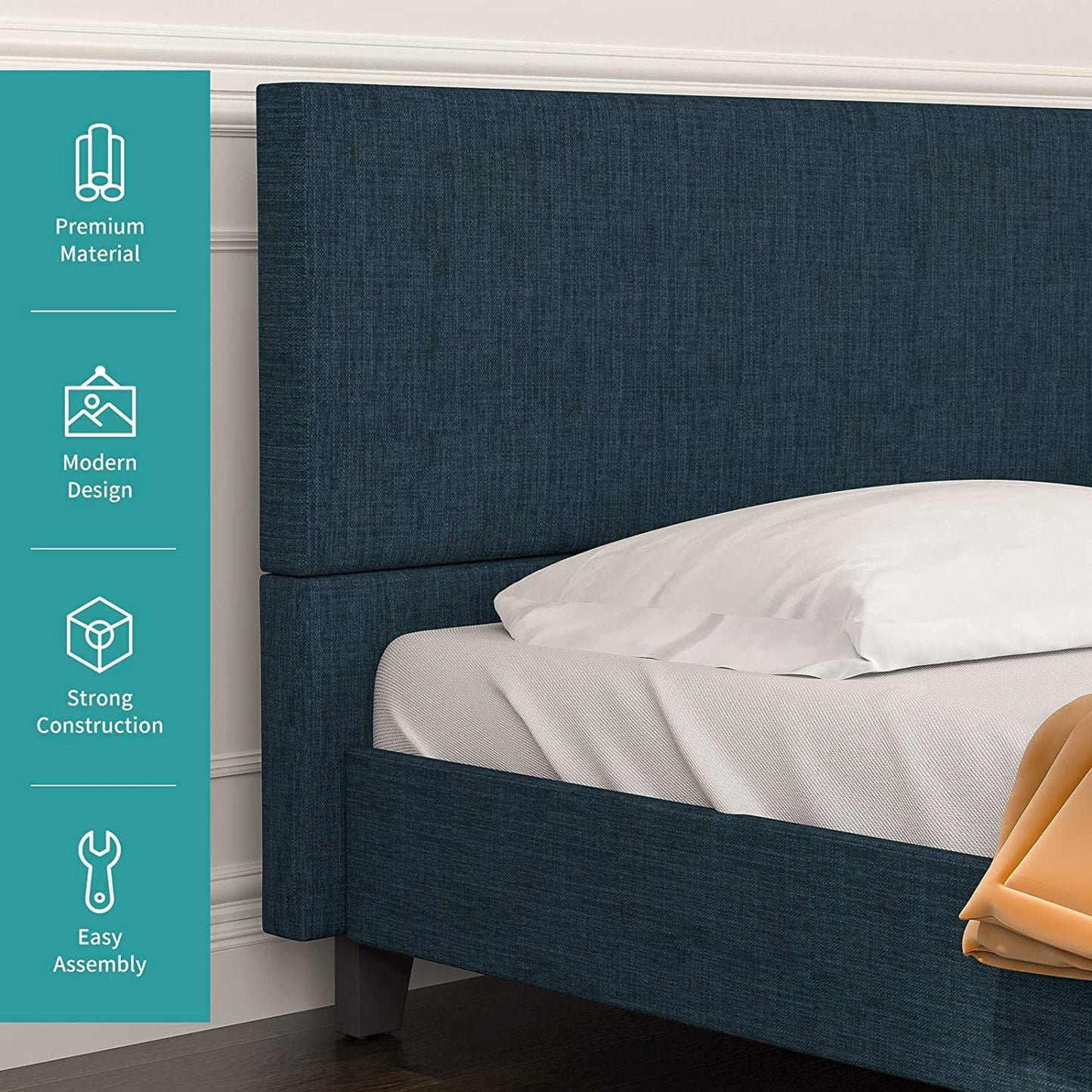 mecor Upholstered Linen Platform Bed Frame | Queen Bed Frame with Fabric Headboard / Strong Wood Slats Support / Easy Assembly - Queen Size in Blue Cloth--YS