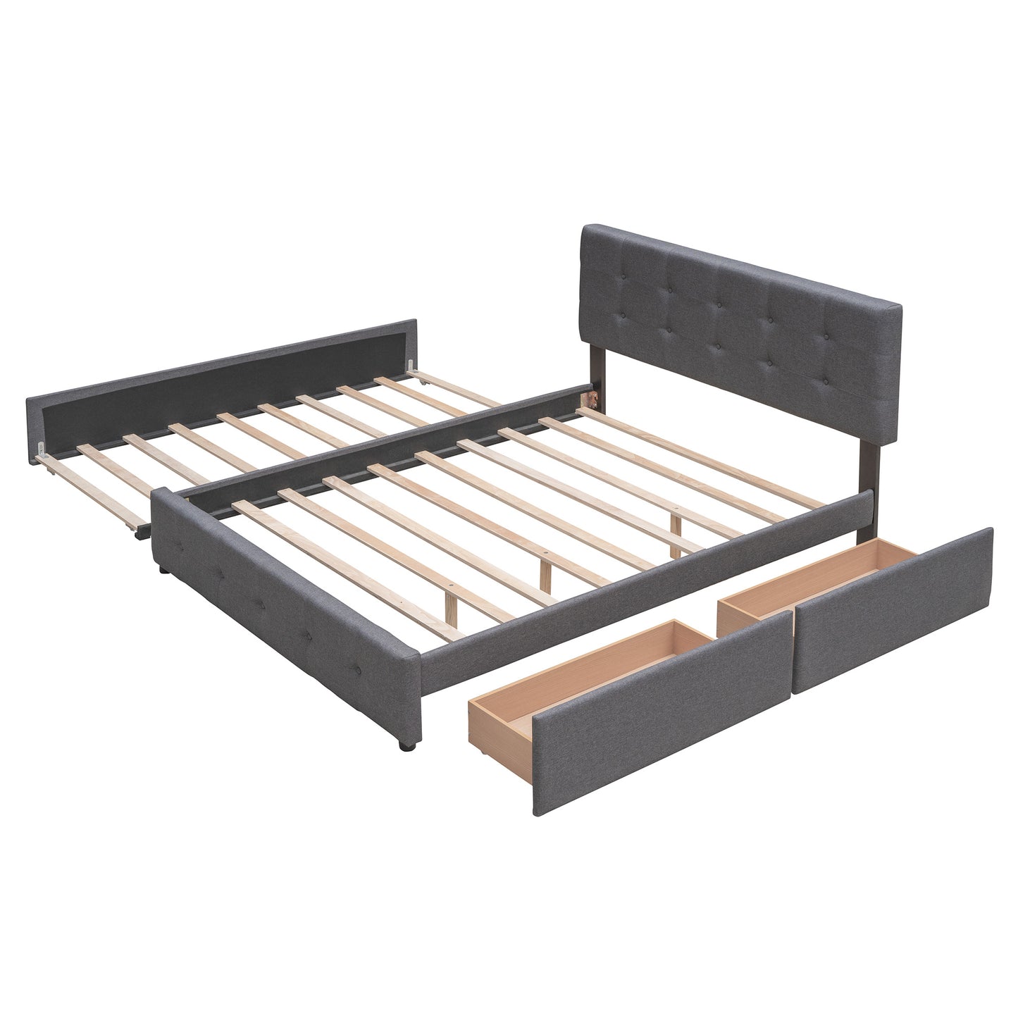 Upholstered Platform Bed with 2 Drawers and 1 Twin XL Trundle; Linen Fabric; Queen Size