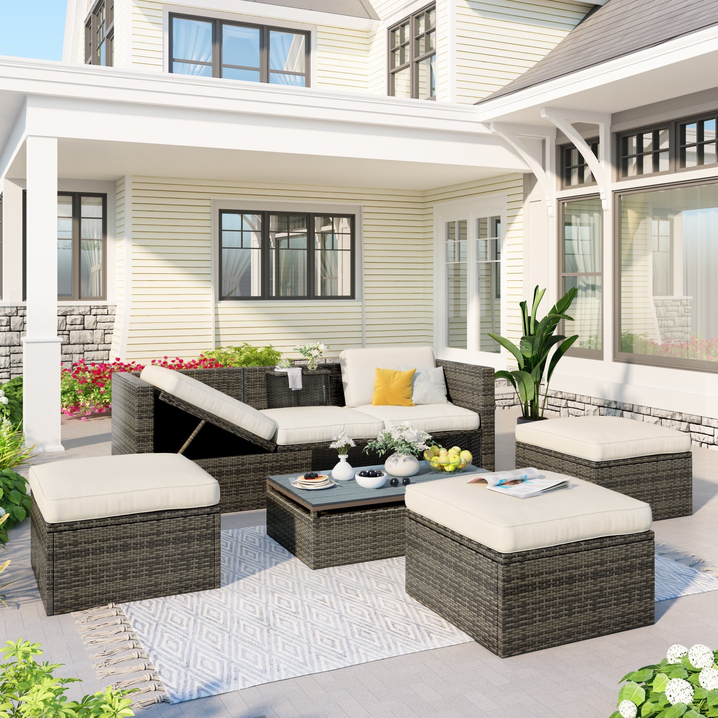 Patio Furniture Sets; 5-Piece Patio Wicker Sofa with Adustable Backrest; Cushions; Ottomans and Lift Top Coffee Table
