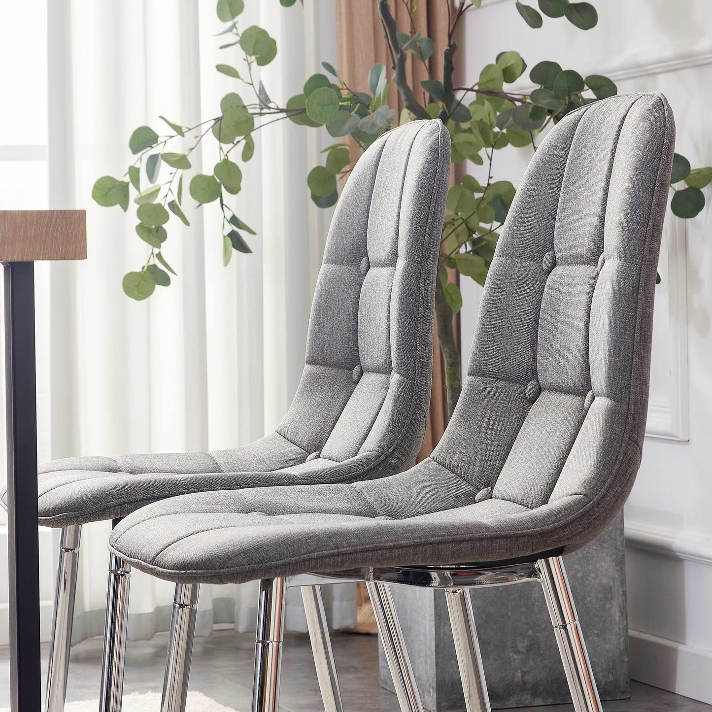 Dining Chairs Set of 4; Modern Mid-Century Style Dining Kitchen Room Upholstered Side Chairs; Soft Tufted Linen Fabric with Inset Buttons; Chrome Metal Legs; for Kitchen Lounge Farmhouse; Light Gray
