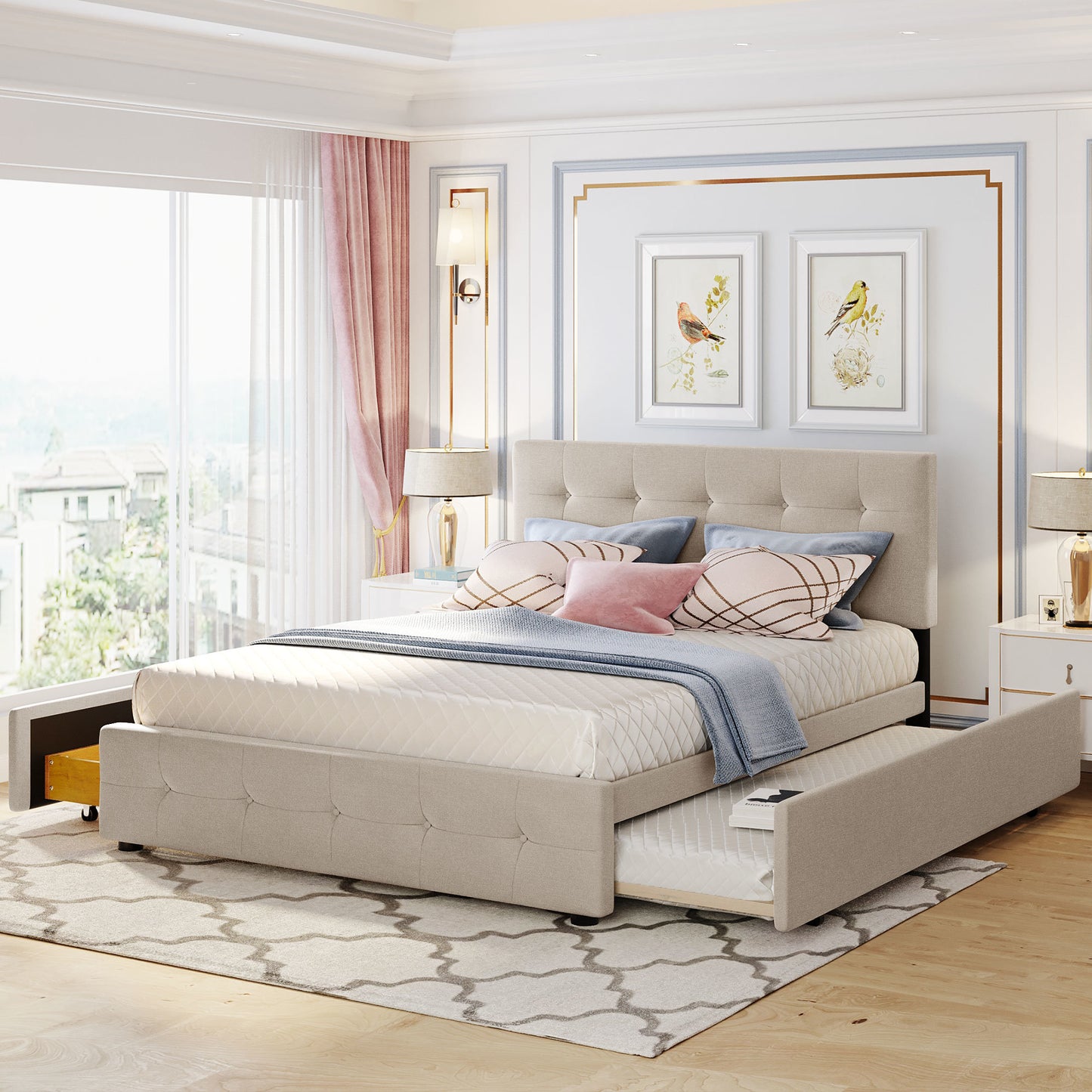 Upholstered Platform Bed with 2 Drawers and 1 Twin XL Trundle; Linen Fabric; Queen Size