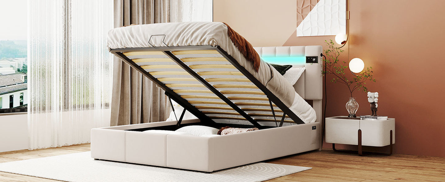 Upholstered Bed Full Size with LED light; Bluetooth Player and USB Charging; Hydraulic Storage Bed in Velvet Fabric