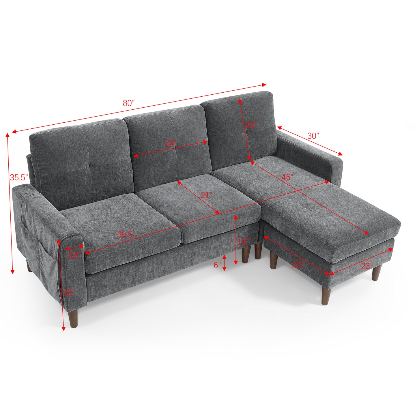 80' Convertible Sectional Sofa Couch; 3 Seats L-shape Sofa with Removable Cushions and Pocket; Rubber Wood Legs