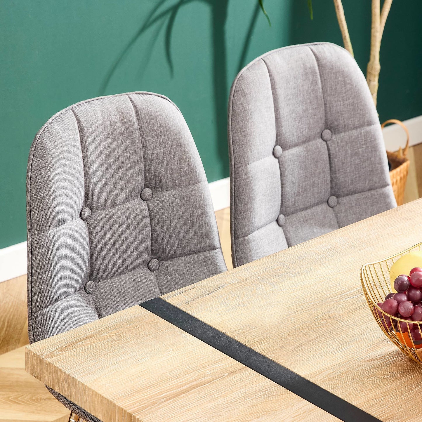 Dining Chairs Set of 4; Modern Mid-Century Style Dining Kitchen Room Upholstered Side Chairs; Soft Tufted Linen Fabric with Inset Buttons; Chrome Metal Legs; for Kitchen Lounge Farmhouse; Light Gray