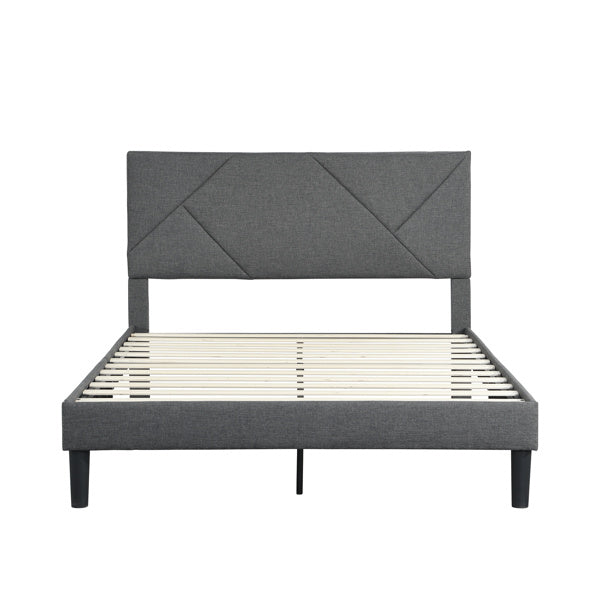 Full Size Upholstered Platform Bed Frame with Headboard; Strong Wood Slat Support; Mattress Foundation; No Box Spring Needed; Easy Assembly; Gray
