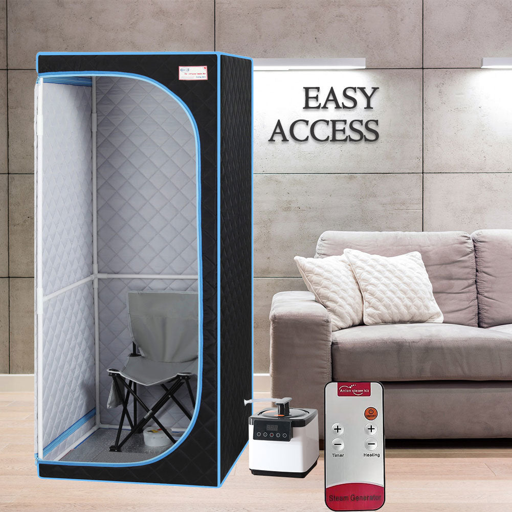 Full Size Portable Black Steam Sauna tent–Personal Home Spa; with Steam Generator; Remote Control; Foldable Chair; Timer and PVC Pipe Connector Easy to Install.Fast heating