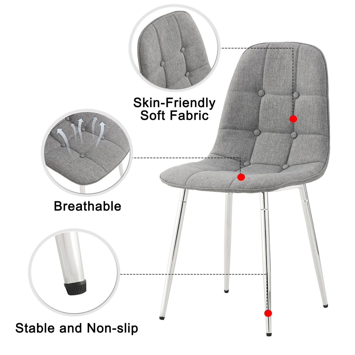 Dining Chairs Set of 4; Modern Mid-Century Style Dining Kitchen Room Upholstered Side Chairs; Soft Tufted Linen Fabric with Inset Buttons; Chrome Metal Legs; for Kitchen Lounge Farmhouse; Light Gray