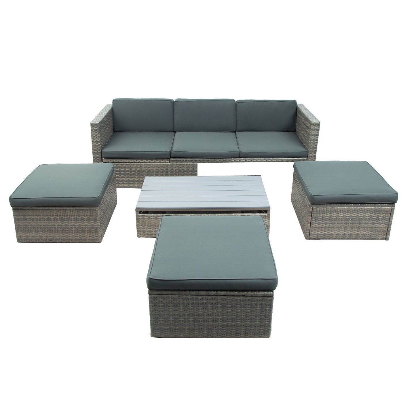 Patio Furniture Sets; 5-Piece Patio Wicker Sofa with Adustable Backrest; Cushions; Ottomans and Lift Top Coffee Table
