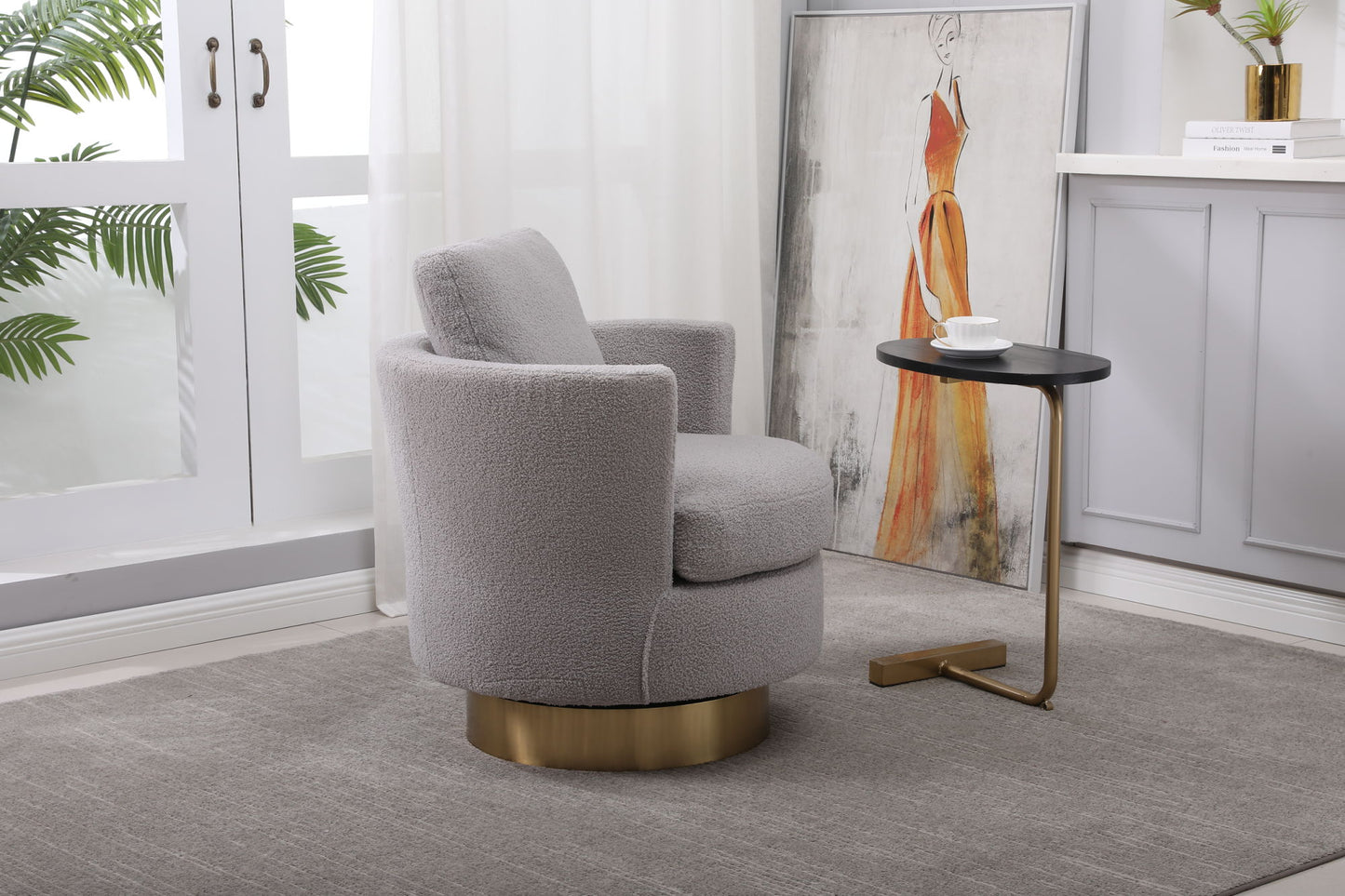 Teddy Swivel Barrel Chair, Swivel Accent Chairs Armchair for Living Room, Reading Chairs for Bedroom Comfy, Round Barrel Chairs with Gold Stainless Steel Base (Grey)
