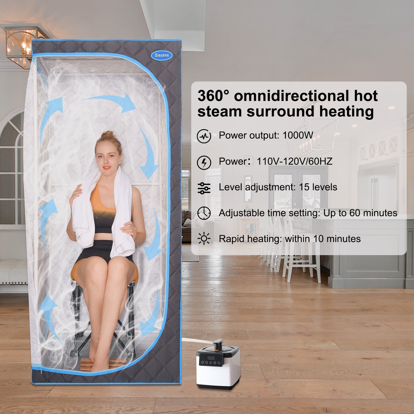 Full Size Portable Black Steam Sauna tent–Personal Home Spa; with Steam Generator; Remote Control; Foldable Chair; Timer and PVC Pipe Connector Easy to Install.Fast heating