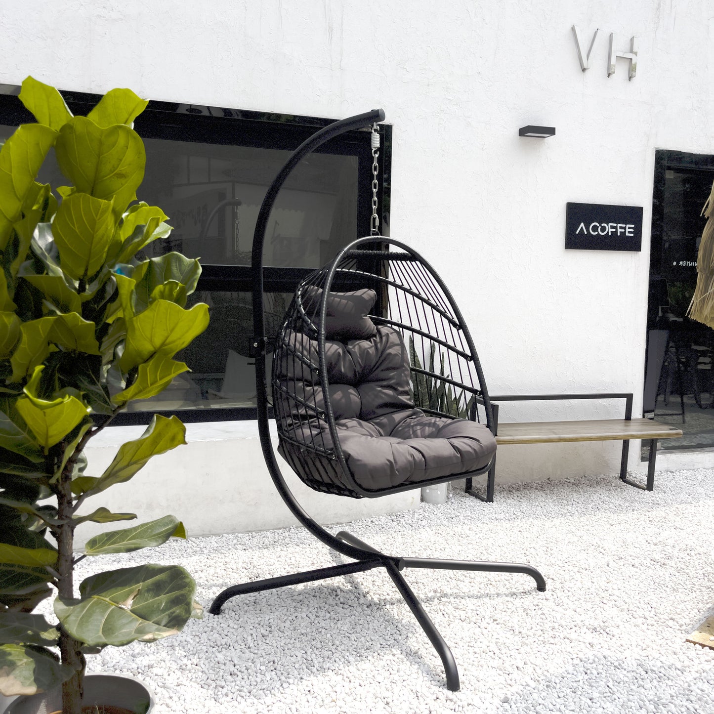 Swing Egg Chair with Stand Indoor Outdoor Wicker Rattan Patio Basket Hanging Chair with C Type bracket , with cushion and pillow Banned from selling on Amazon.(Black New arrivals within 10 days)