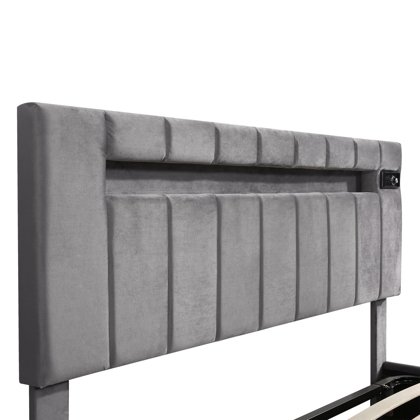 Upholstered Bed Full Size with LED light; Bluetooth Player and USB Charging; Hydraulic Storage Bed in Velvet Fabric