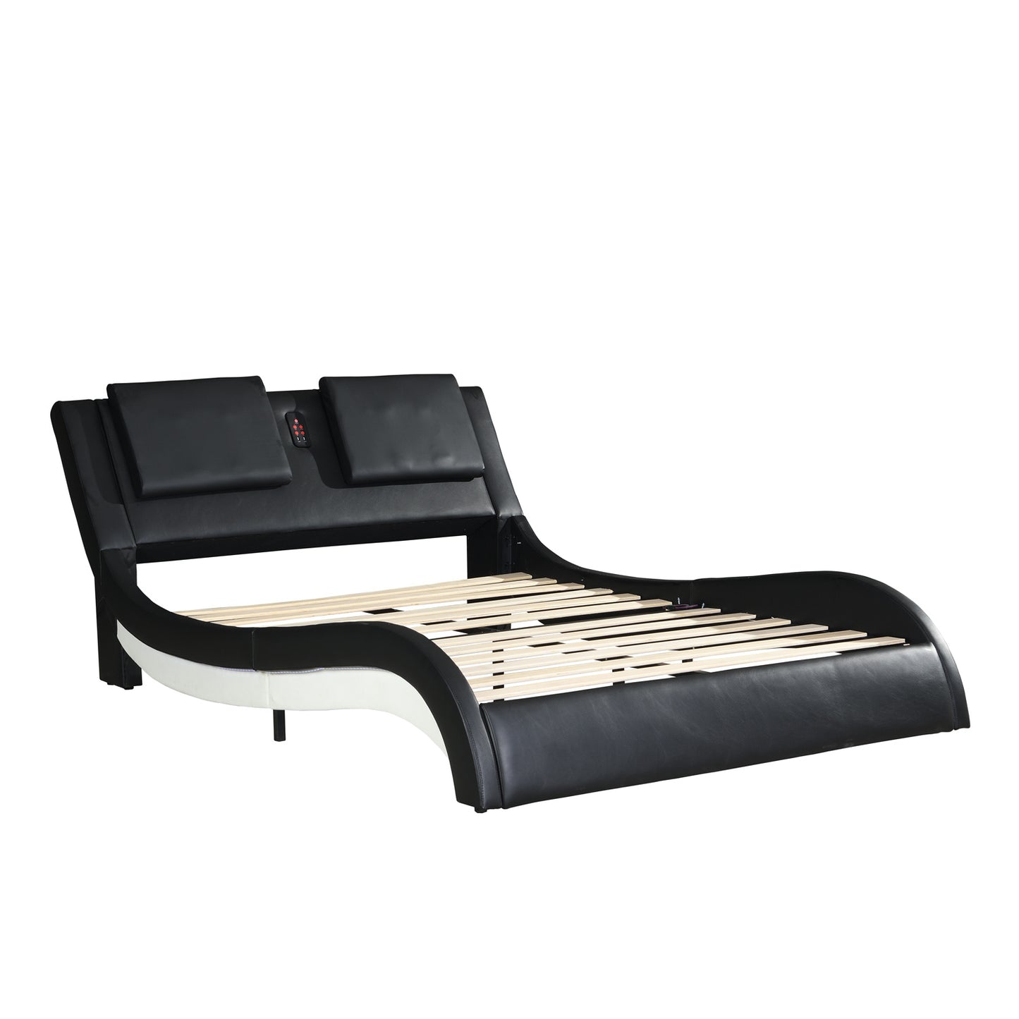 Faux Leather Upholstered Platform Bed Frame with led lighting; Bluetooth connection to play music RGB control; Backrest vibration massage; Curve Design; Wood Slat Support; No Box Spring Needed; Queen