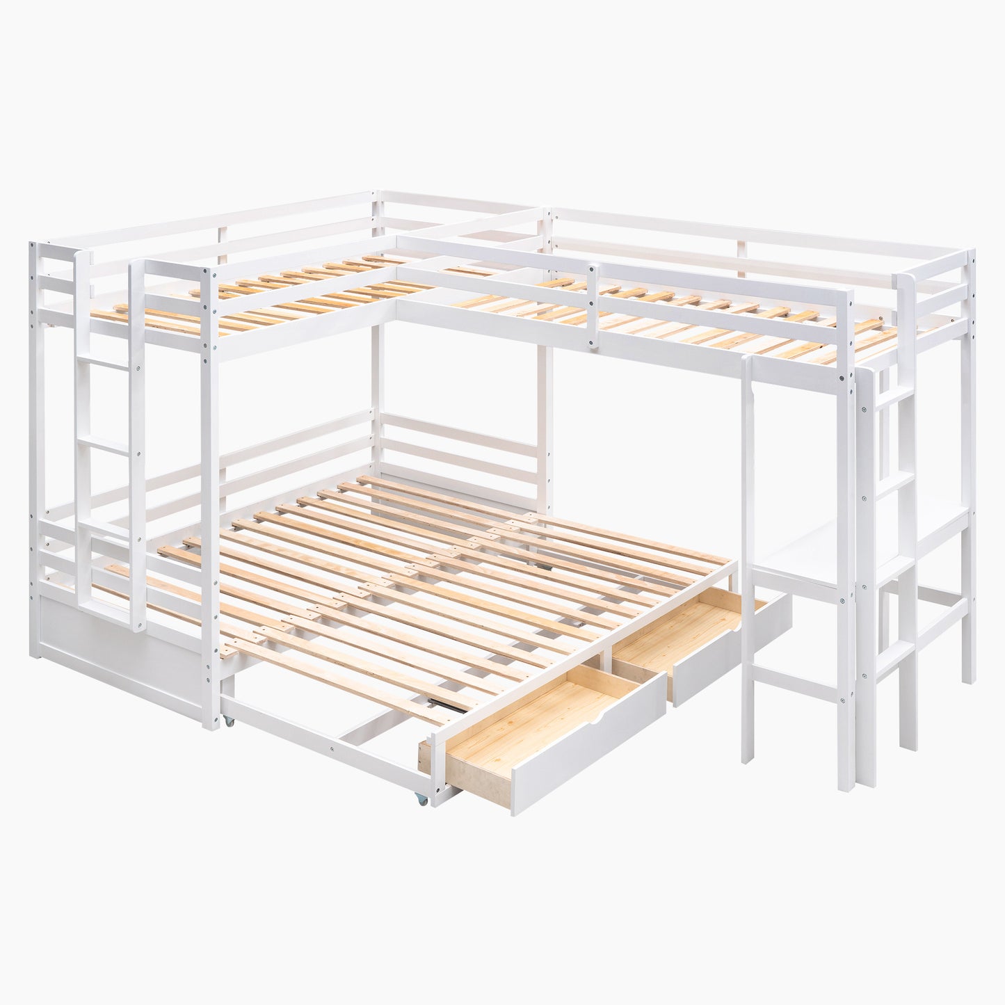 Twin over Twin/King Size L-Shaped Bunk Bed with Built-in Desk and Two Drawers; White