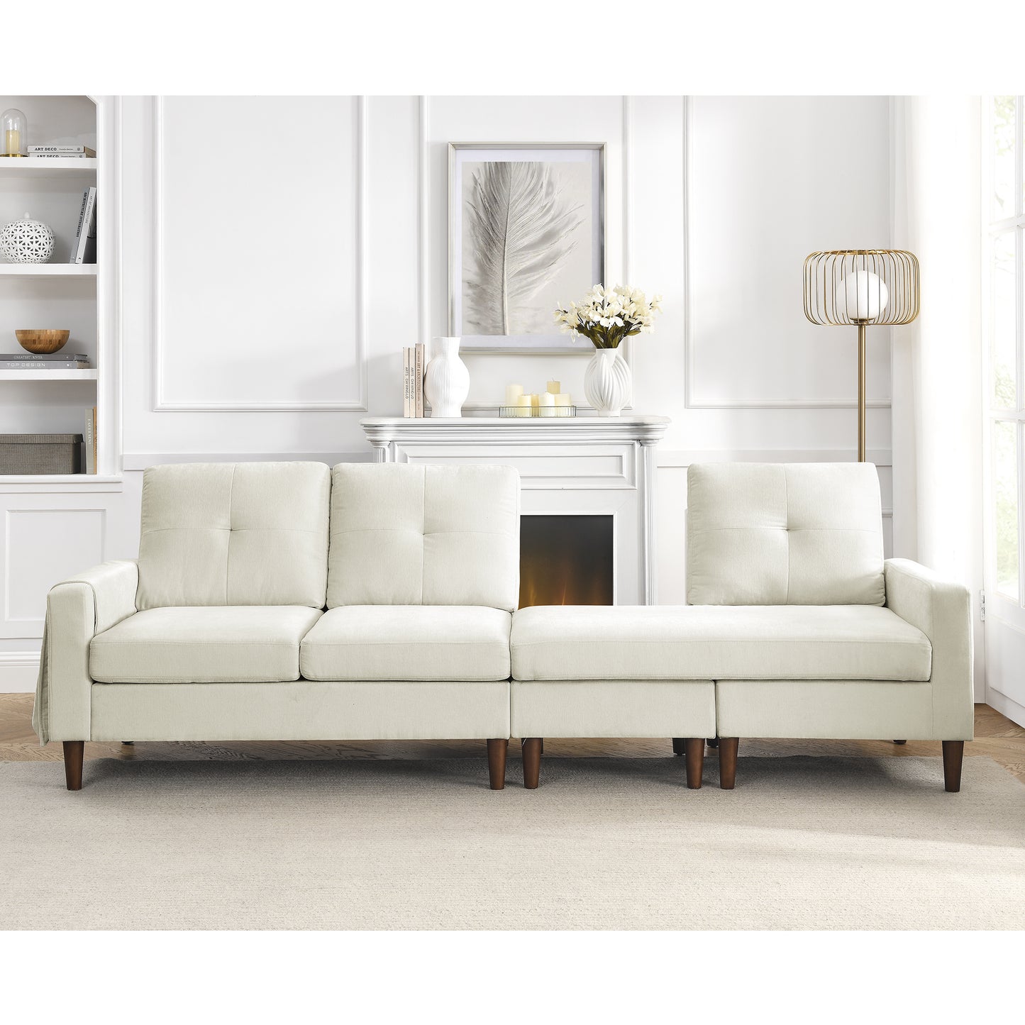 80' Convertible Sectional Sofa Couch; 3 Seats L-shape Sofa with Removable Cushions and Pocket; Rubber Wood Legs